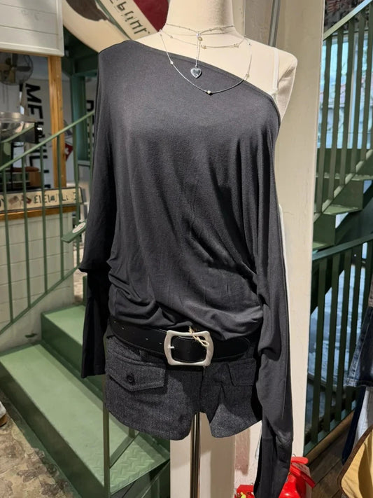 Black Long Batwing Sleeve T-shirts Women Elegant Sweet Slash Neck Cotton Tee Shirts Vintage Simple All-match Tshirts Y2k Tops