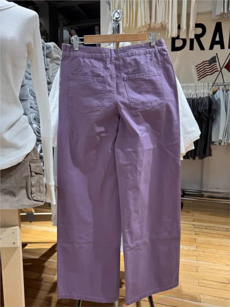 Purple Straight Jeans Women Casual Chic Streetwear Back Pockets Cotton Denim Long Pants Female Sweet Simple Trousers
