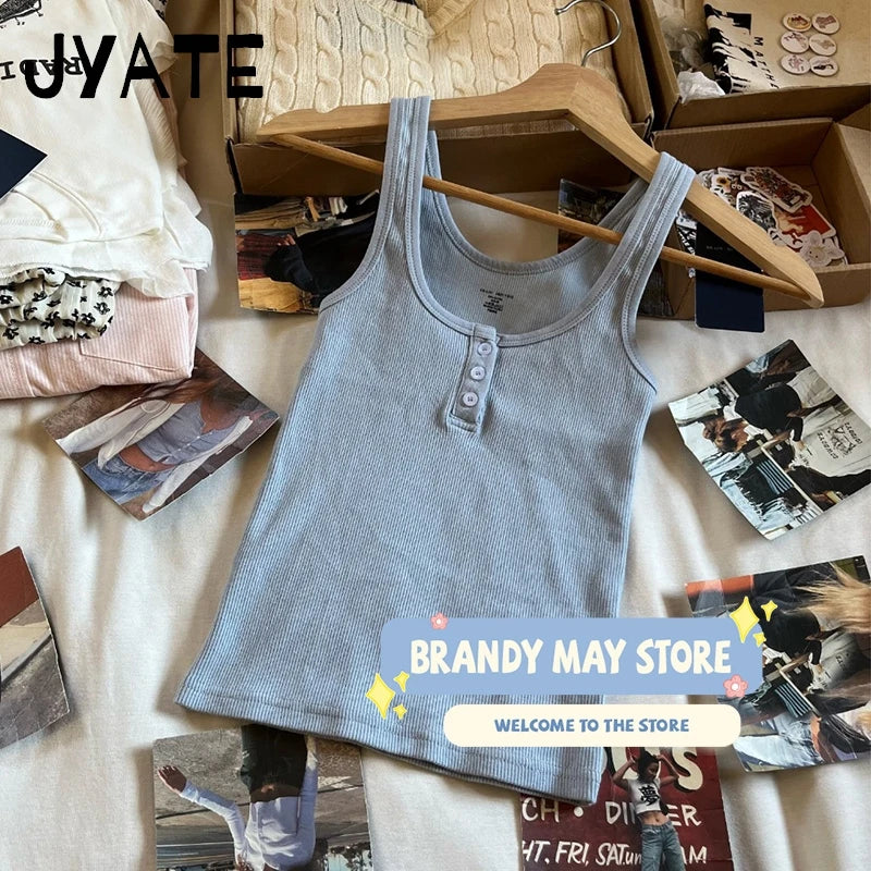 Pink Ribbed Cotton Tank Tops Women Summer New Casual Buttons U-neck Sleeveless Vests Sweet Basic Simple Preppy Style Camis Y2K