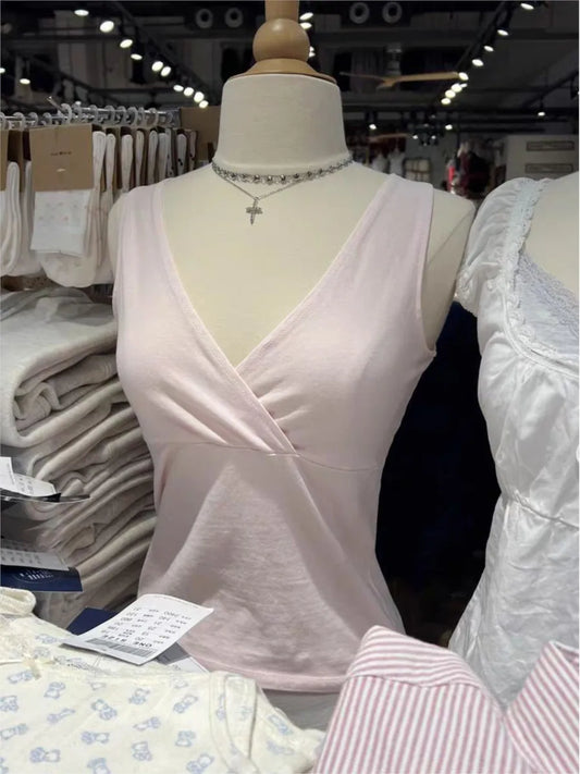 Sweet Pink Slim V-neck Tank Top Women Summer Simple Cotton Sleeveless Camisole Female Casual Preppy Style Basic Y2k Crop Vests