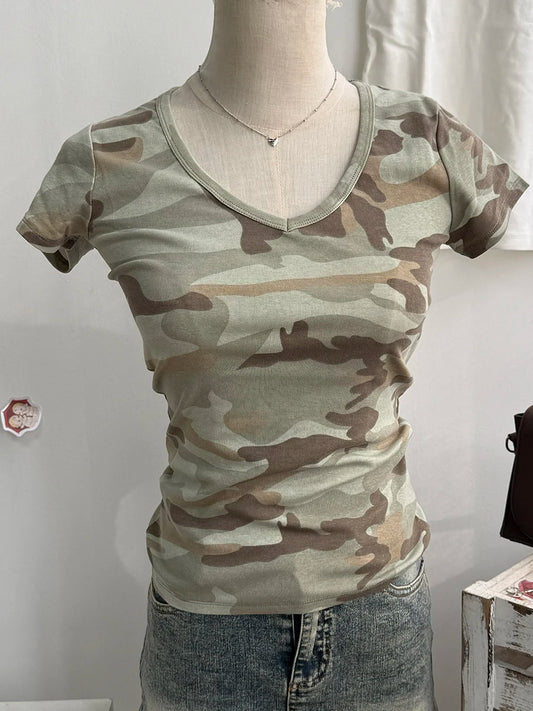 Camouflage Slim T-shirt Woman Summer Vintage Cotton Short Sleeve Tee Shirts Female Casual Streetwear V-neck Tshirts Tops Y2k