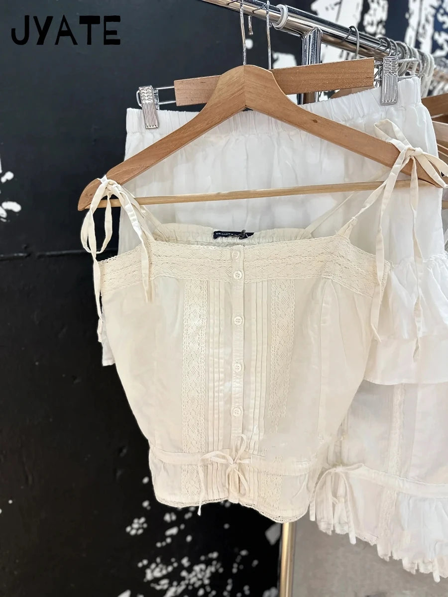 Women's Beige Buttons Strappy Tank Tops Women Summer New Slim Lace Trim Ruffle Cropped Vest Sweet Cute Vintage Chic Camisole Y2K