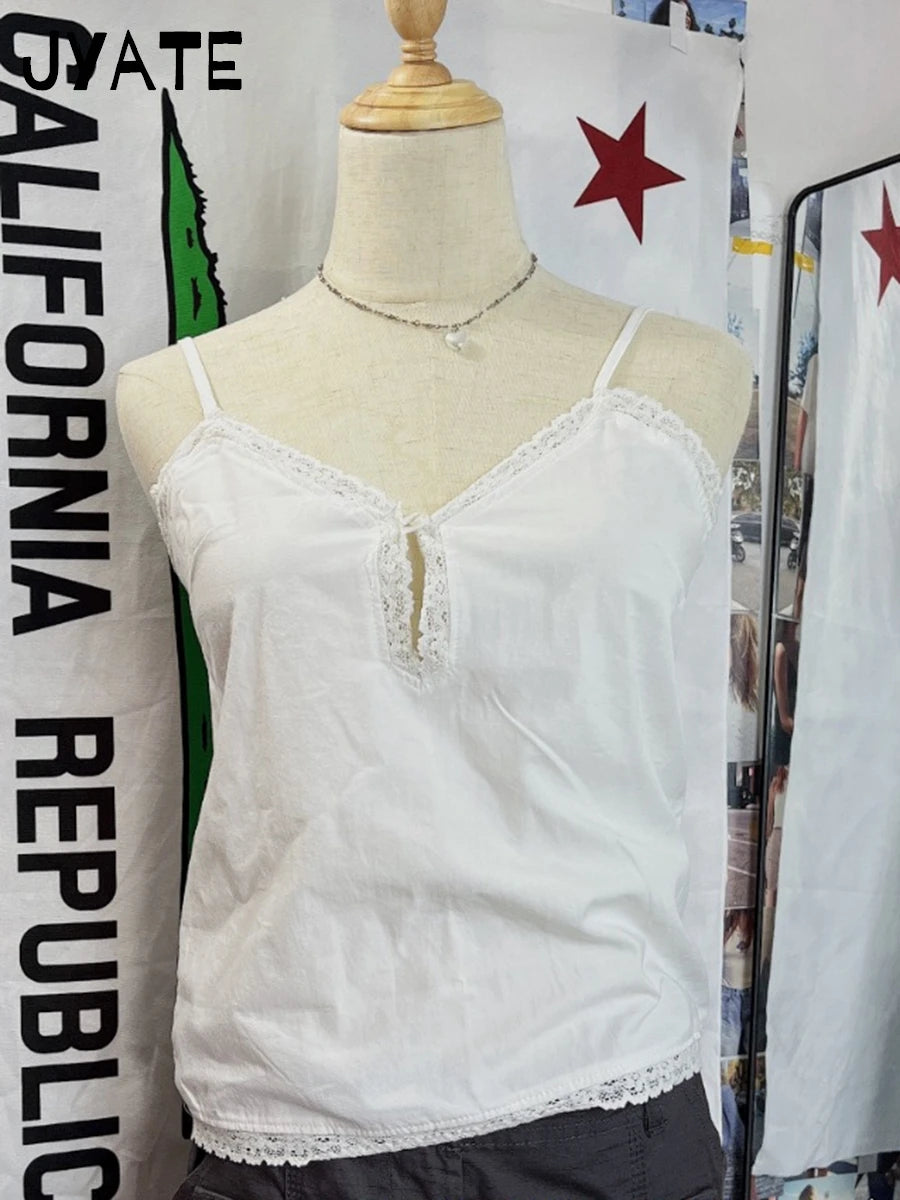 White Lace Trim V-neck Tank Tops Women Summer New Casual Button Simple Basic Sleeveless Crop Top Sweet Cute Vintage Camisole Y2K