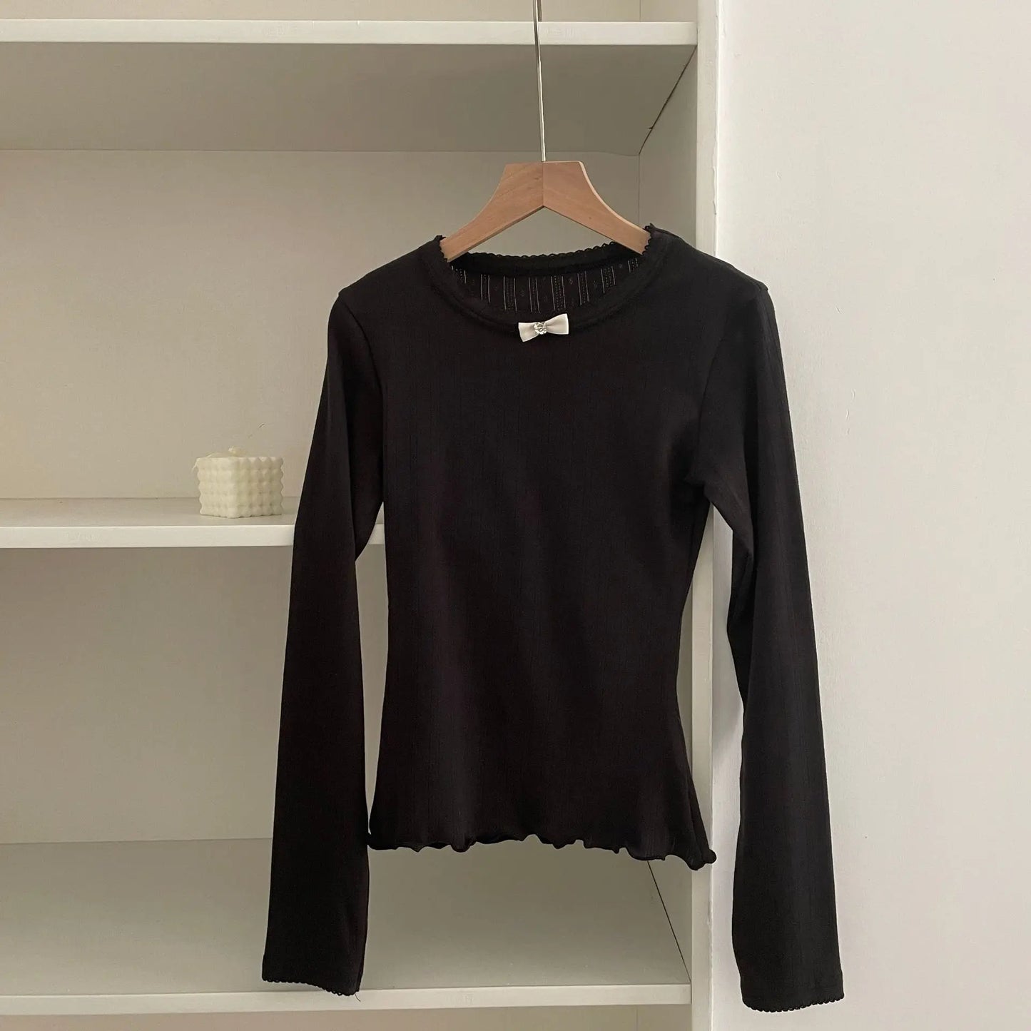 Sweet Lace Trim Long Sleeve Tee Women Summer New Streetwear Casual O-neck Bow Tshirt Tops Vintage Cute Preppy Style T-shirts Y2K