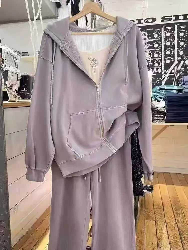 Purple hooded fleece sweatshirt, women's hoodie, loose fit, slimming zip-up cardigan top