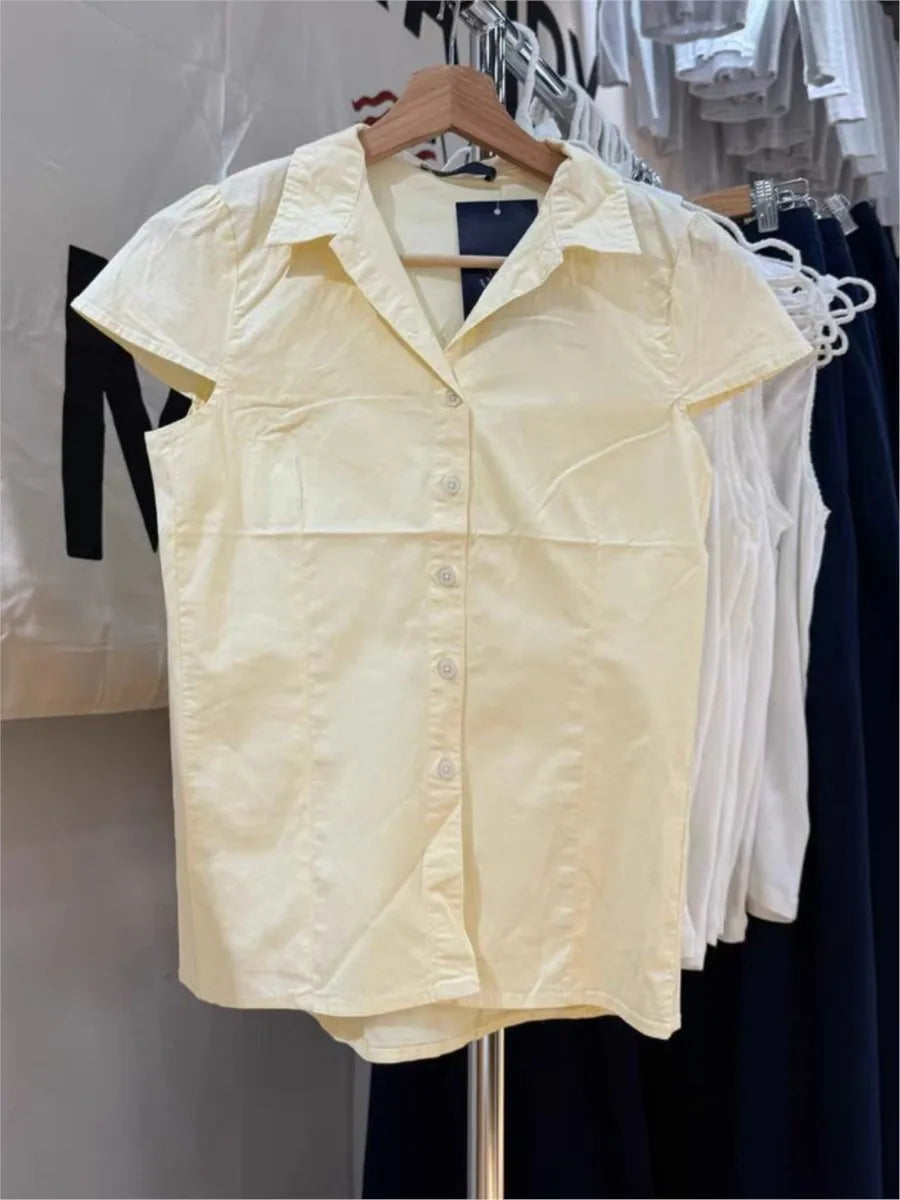 Retro Red Buttons Blouse Women Summer New Streetwear Lapel Short Sleeve Tees Sweet Vintage Cute Preppy Style T-shirts Y2K Tops