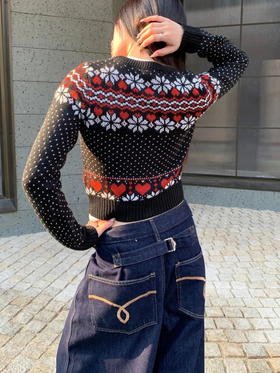 Vintage Fair Isle Jacquard Knitted Cardigan Women Autumn Buttons Long Sleeve Cropped Jumper Coat Sweet Basic Slim Sweaters Tops