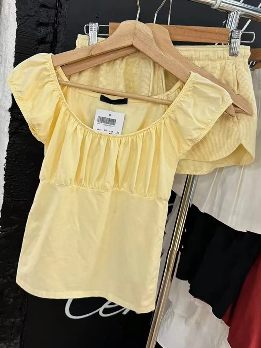 Yellow Square Neck T-shirt+Wafflw Short Pants Women Cotton Slim Tee Elastic Waist Straight Short Pant Sweet Cute Y2K Sets Suit