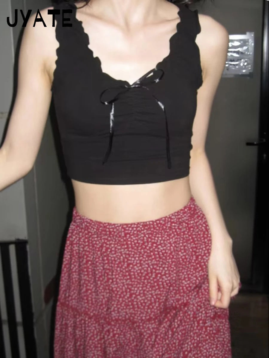 White Ruffles V-neck Cotton Soft Crop Tops Women New Casual Slim Preppy Style Sleeveless Camis Sweet Cute Vintage Tank Top Y2K