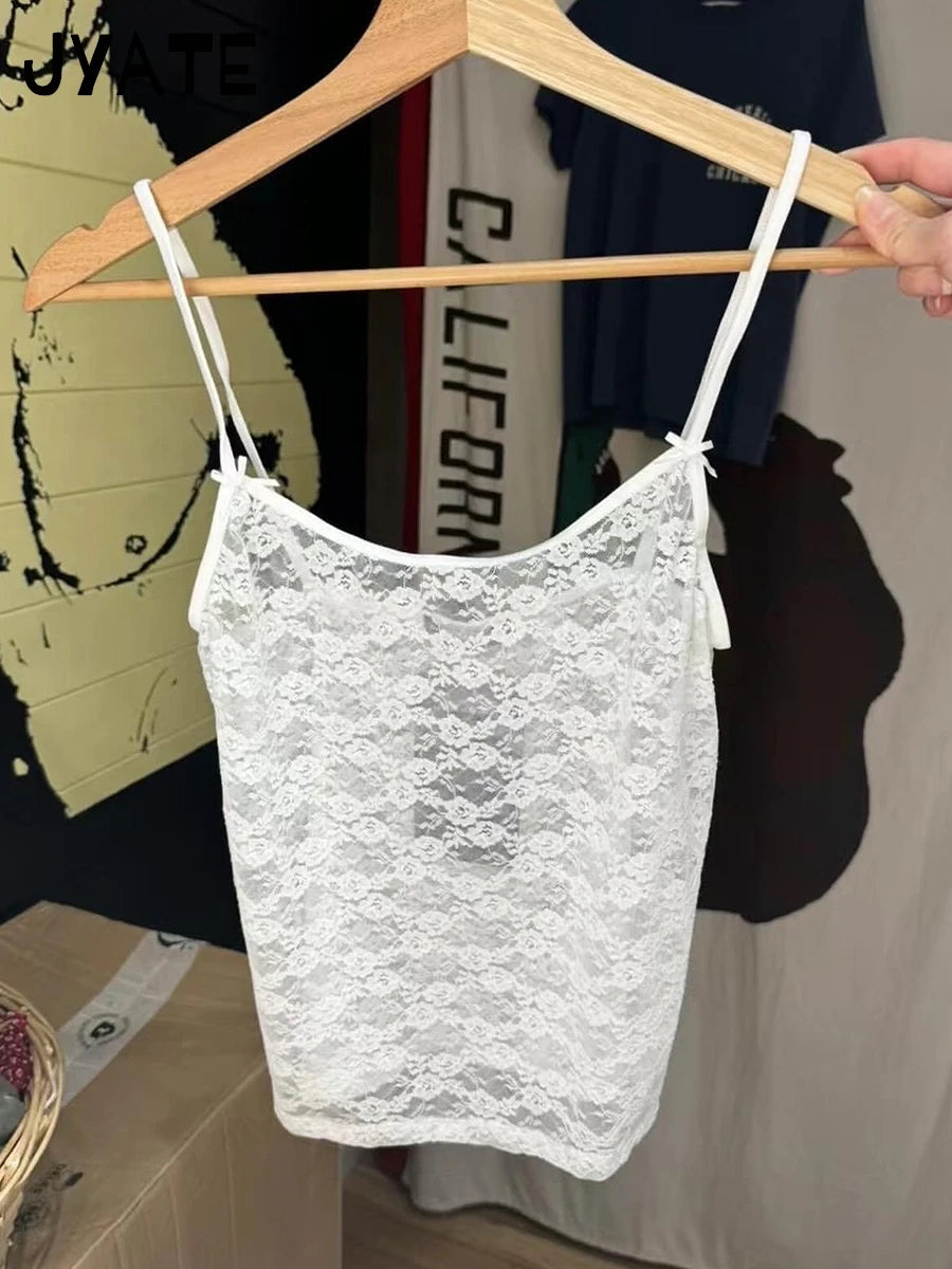 White Bow Lace Sheer Slim Tank Tops Women Summer New Sexy All-match Smock Preppy Style Crop Top Sweet Cute Y2K Camisole Clothes