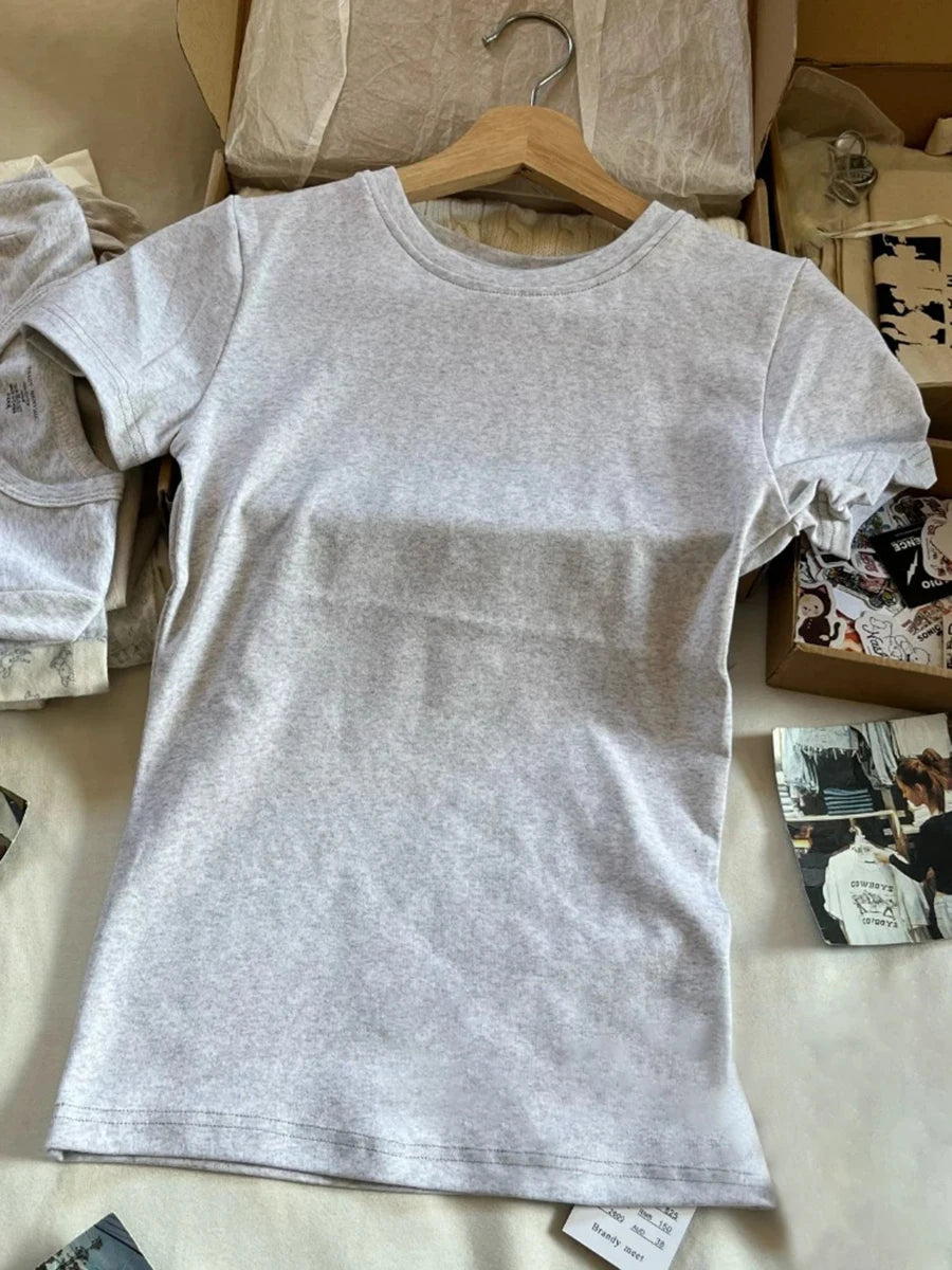 Solid O-neck Short Sleeve Tees Women Summer Casual Slim Simple Basic Cotton Soft T-shirts Preppy Style All-match Tops Y2K
