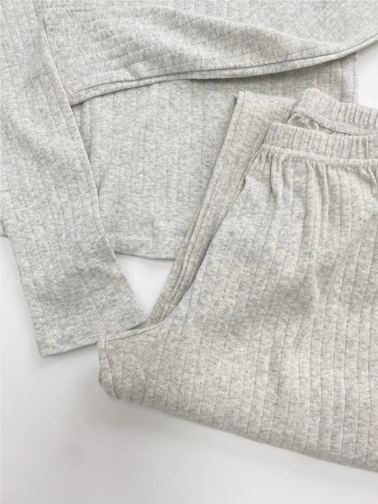Gray Cotton Eyelet 2 Piece Sets Women New Buttons Long Sleeve Tee+Elastic Waist Straight Trousers Home T-shirt Pant Pajama Set
