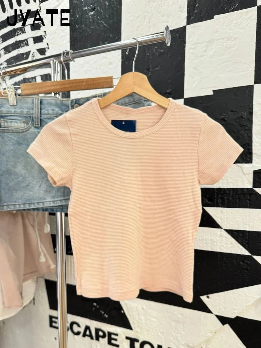 Sweet Pink Striped O-neck Cropped Tee Women Summer Cotton Soft New Casual Short Sleeve Tops Cute Vintage Streetwear T-shirts Y2K