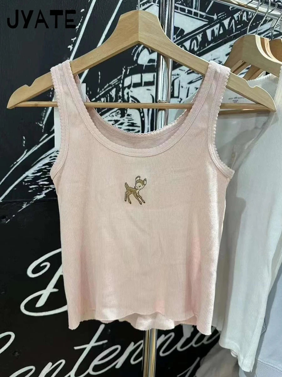 Pink Little Deer Embroidery Tank Tops Women New Ribbed Cotton Raw Hem U Collar Slim Sleeveless Vests Cute Sweet Vintage Camisole