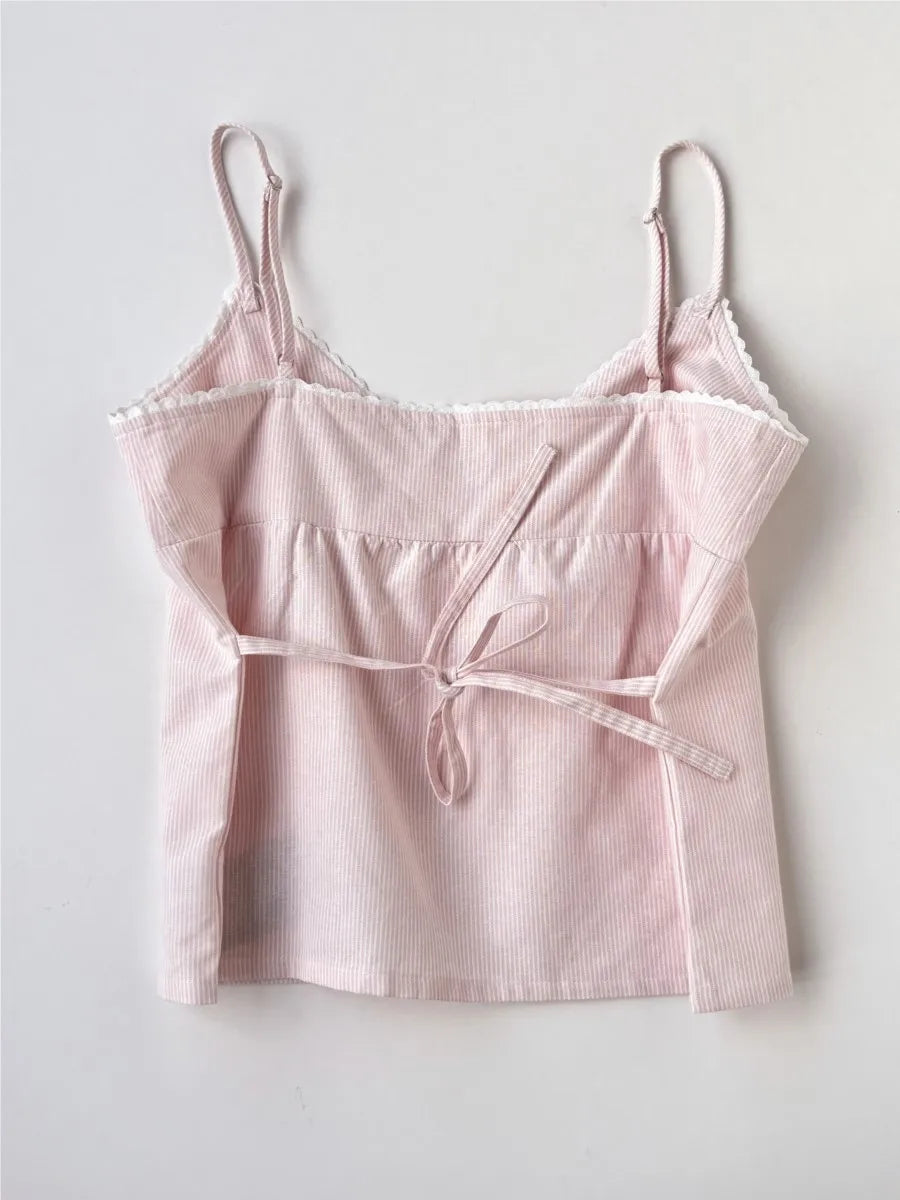 Sweet Pink Striped V-neck Bow Camis Women Summer New Cotton Casual Preppy Style Sleeveless Vests Vintage Chic Cute Tank Tops Y2K