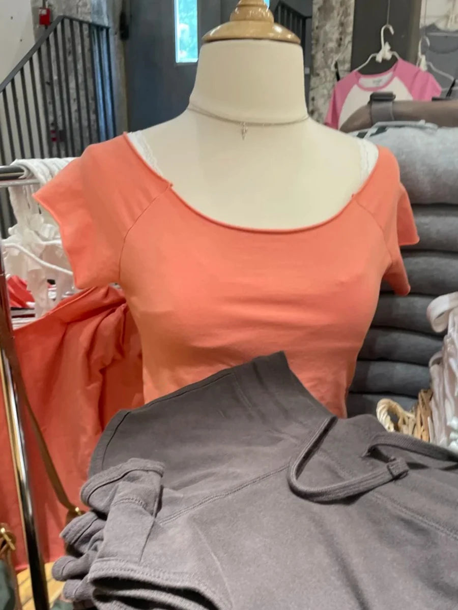Orange Slash Neck Raw Hem Crop Tops Women Simple All-match Cotton Casual Slim T-shirts Female Sweet Chic Basic Cropped Tees Y2K
