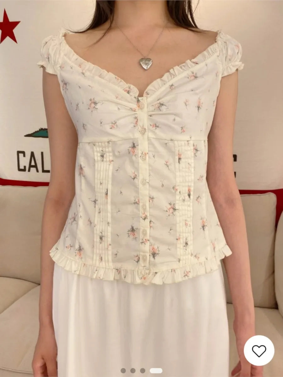 Floral Folds Ruffle Blouse Top Women Summer New Single Breasted Sleeveless Tank Tops Vest Sweet Cute Preppy Style Camisole OOTDS