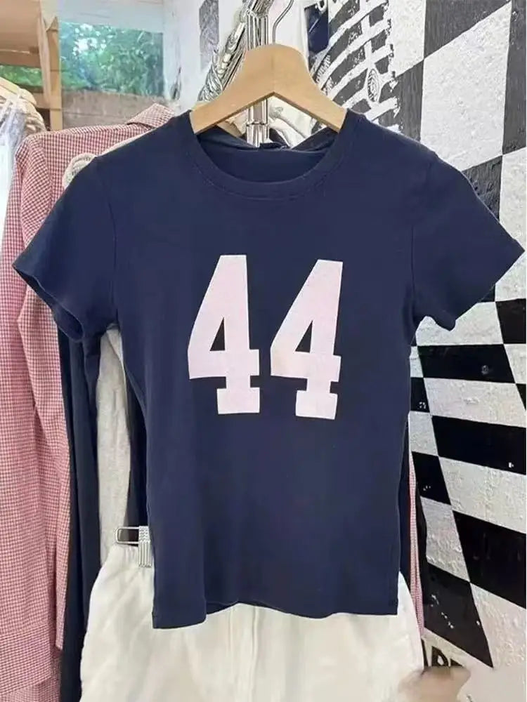 Navy Guitar Print Slim T-shirts Women Summer New Casual Streetwear O-neck Short Sleeve Tees Vintage Preppy Style Cotton Y2K Tops