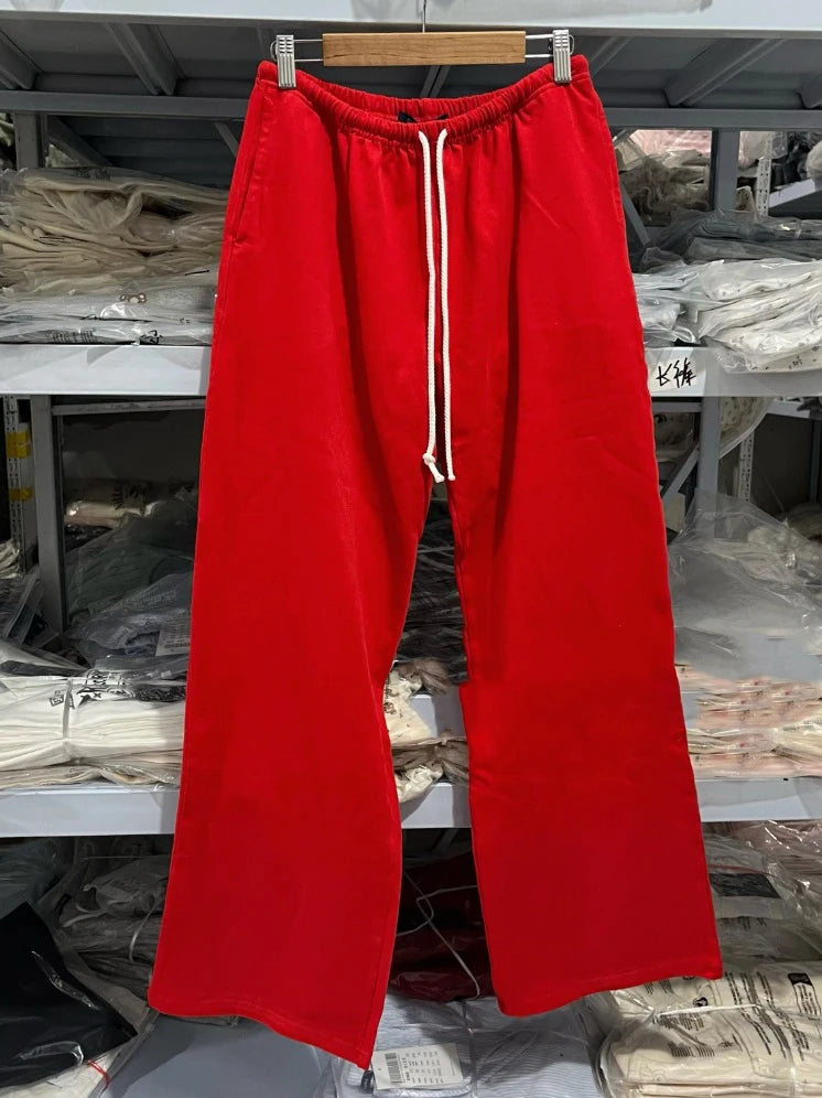 Red Drawstring Straight Sweatpants Women Autumn High Waist Cotton Wide Leg Pants Vintage Streetwear Casual Sports Trousers New