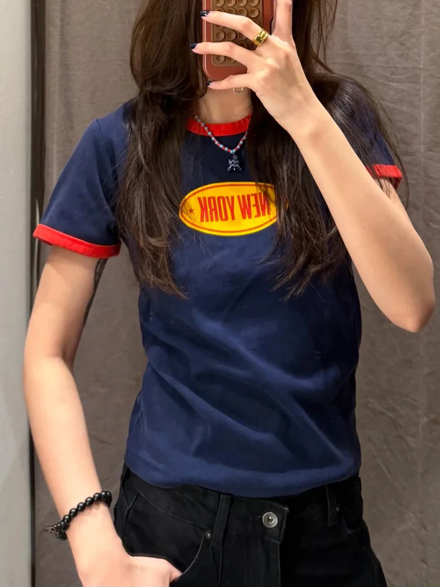 Fashion Letter Print T-shirts Women Cotton Simple All-match Casual Slim Short Sleeve Tees Preppy Style Streetwear Tshirt Y2K