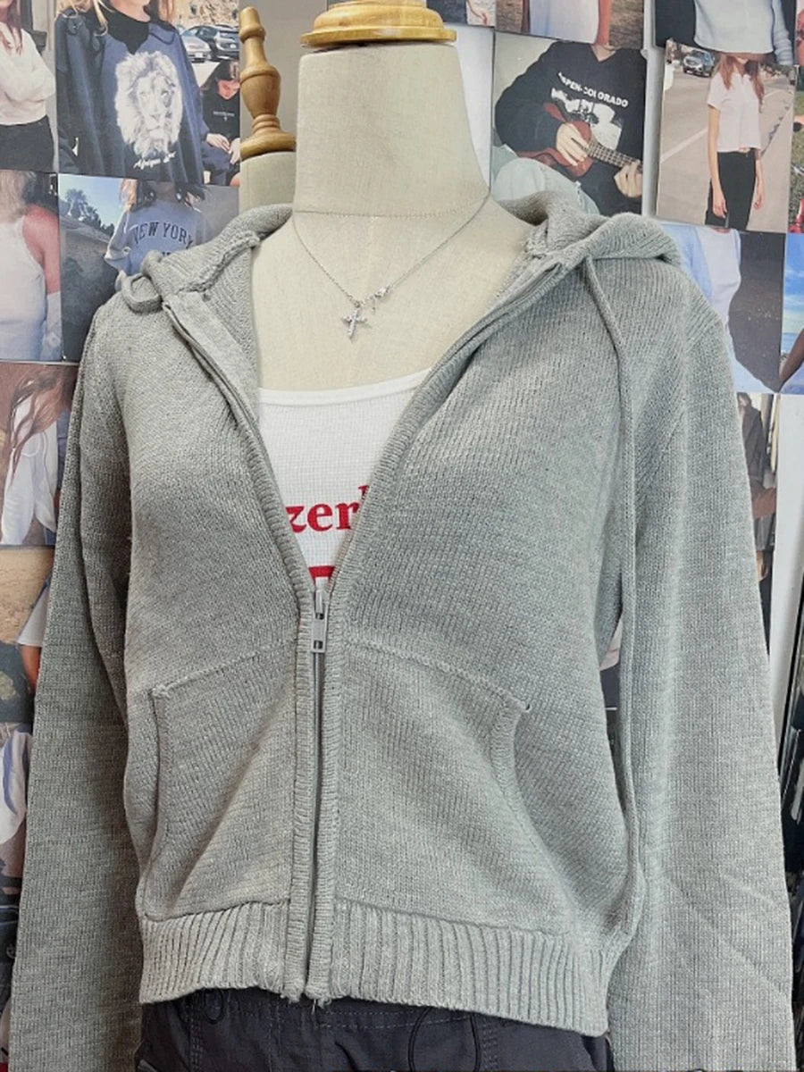 Sweet Twisted Flower Knitted Cardigan Sweater Women Long Sleeve Drawstring Hooded Zipper Streetwear Cute Sweaters Coat Y2K Tops
