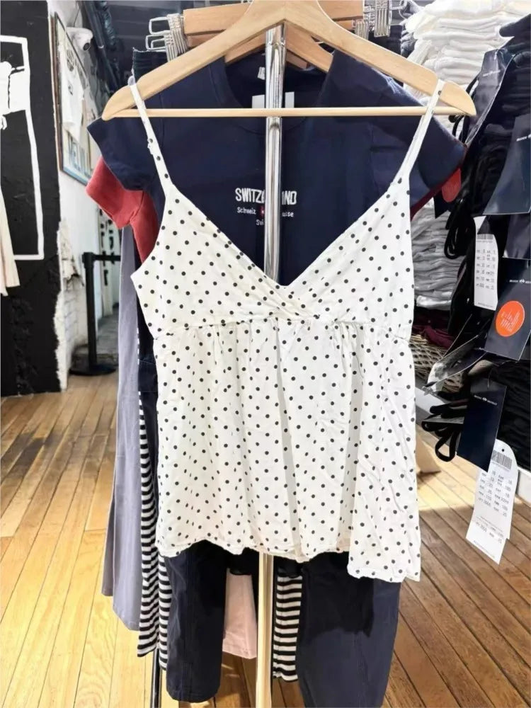 Deep V-neck Polka Dot Tank Top for Women Summer New White Casual Backless Cotton Camisole Female All-match Slim Sweet Vest Tops