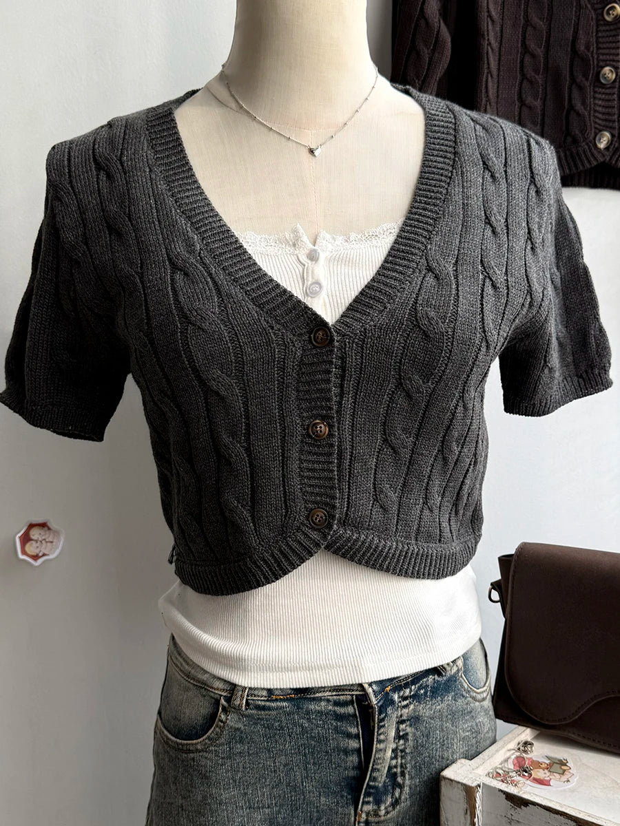 Solid Twist Flower Knitted Cropped Cardigan Woman V-neck Single Breasted Short Sleeve Crop Tops Autumn Sweet Cotton Knitwear New