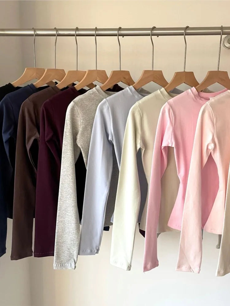 Solid Skinny Cotton T-shirt Women Casual Simple All-match O-neck Yoga Long Sleeve Tees Female Elegant Sweet Basic Sport T-shirts