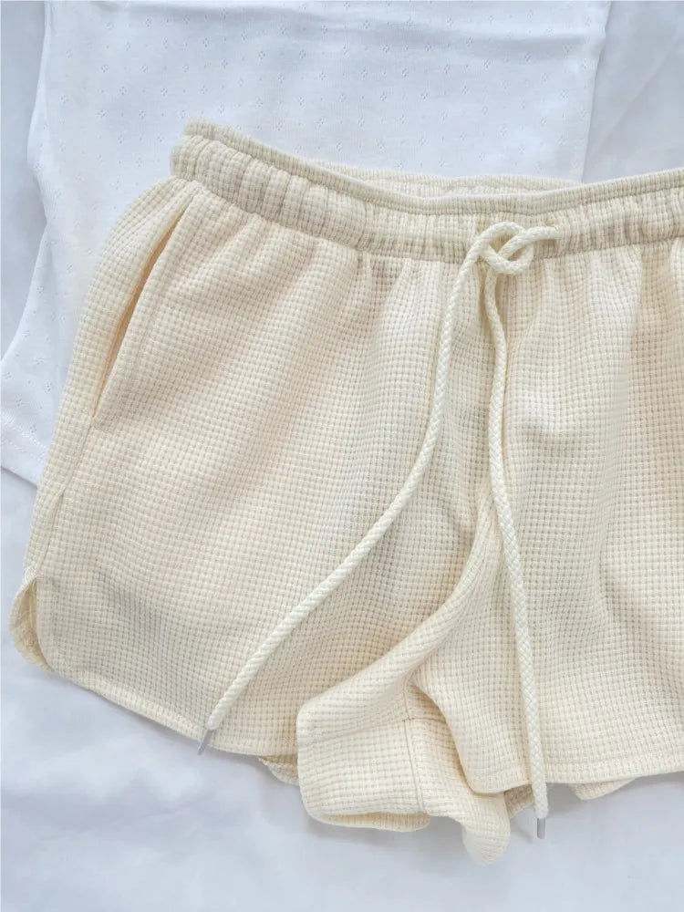 Yellow Duck Shorts 2 Pieces Set Women Bow Slim Eyelet Tank Top+Waffle Drawstring Straight Short Pant Outfit Sweet Cute Suit Sets