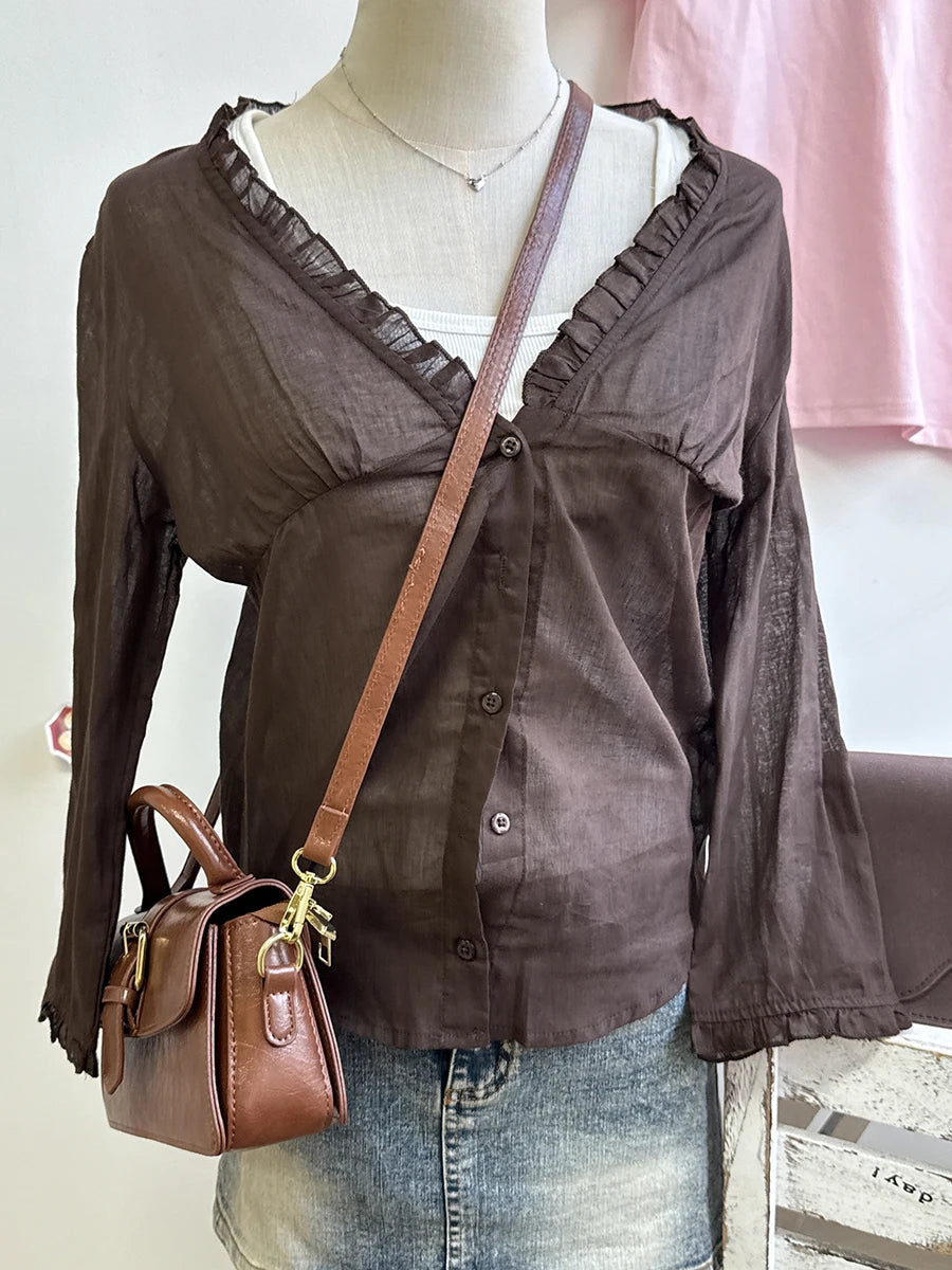 Sweet White Ruffles Button T-Shirt Blouse Women Summer Sexy V-neck Lace Trim Single Breasted  Half Sleeve Tees Simple T-shirts