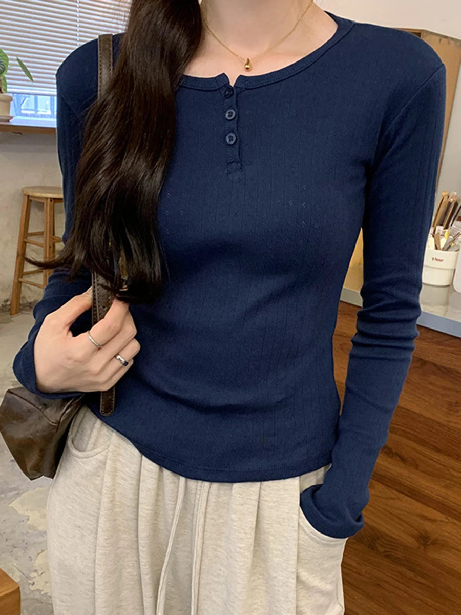Navy Eyelet Long Sleeve T-Shirt Autumn Three Buttons O-Neck Simple Slim Tee Top for Women Sweet Cute Basic Tshirt Y2k Tops New