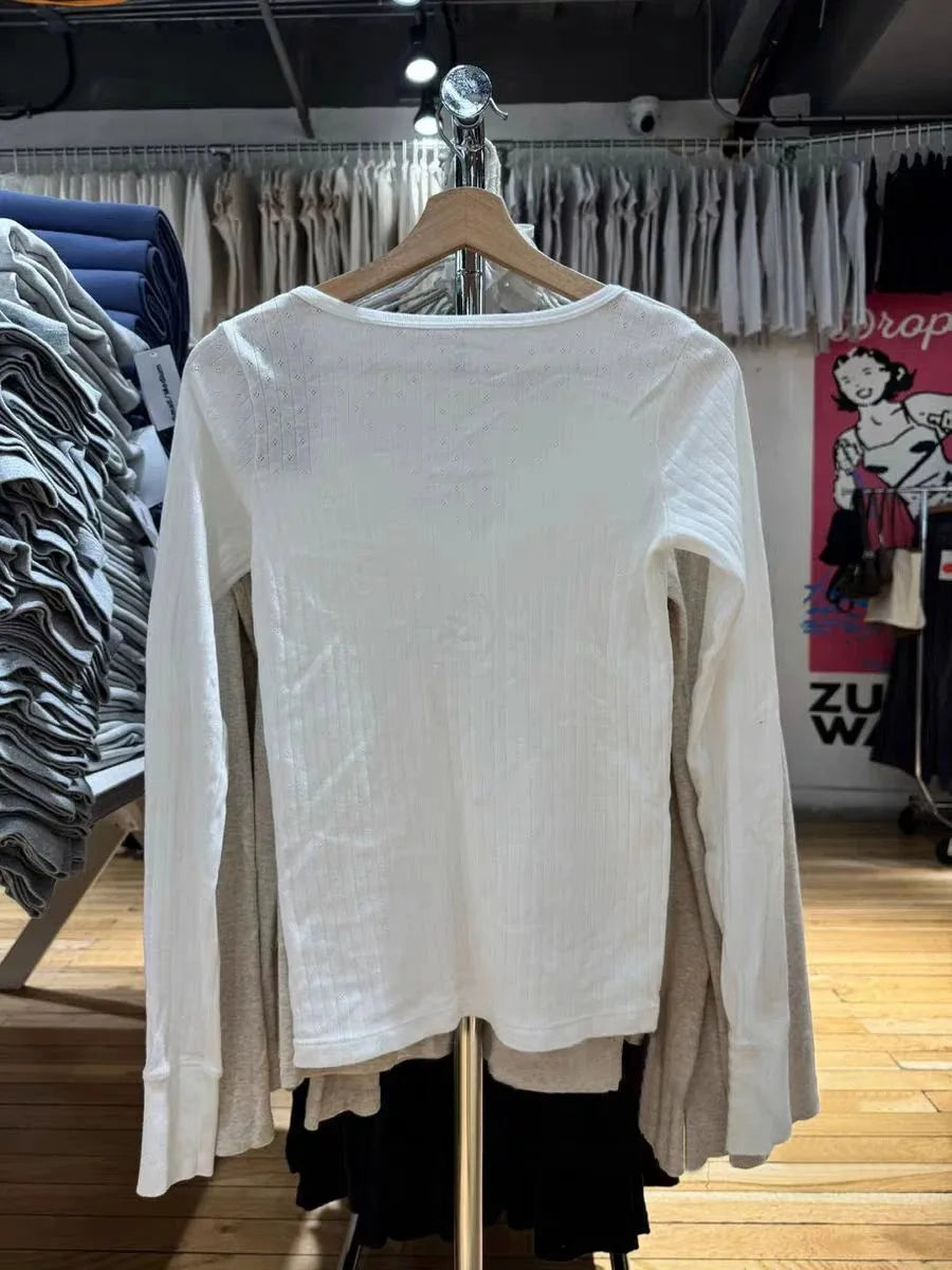 Six Button Eyelet White Long Sleeve Tees Women Y2K Cotton Casual Slim Single Breasted Smock Tops Sweet Simple Basic T-shirts New