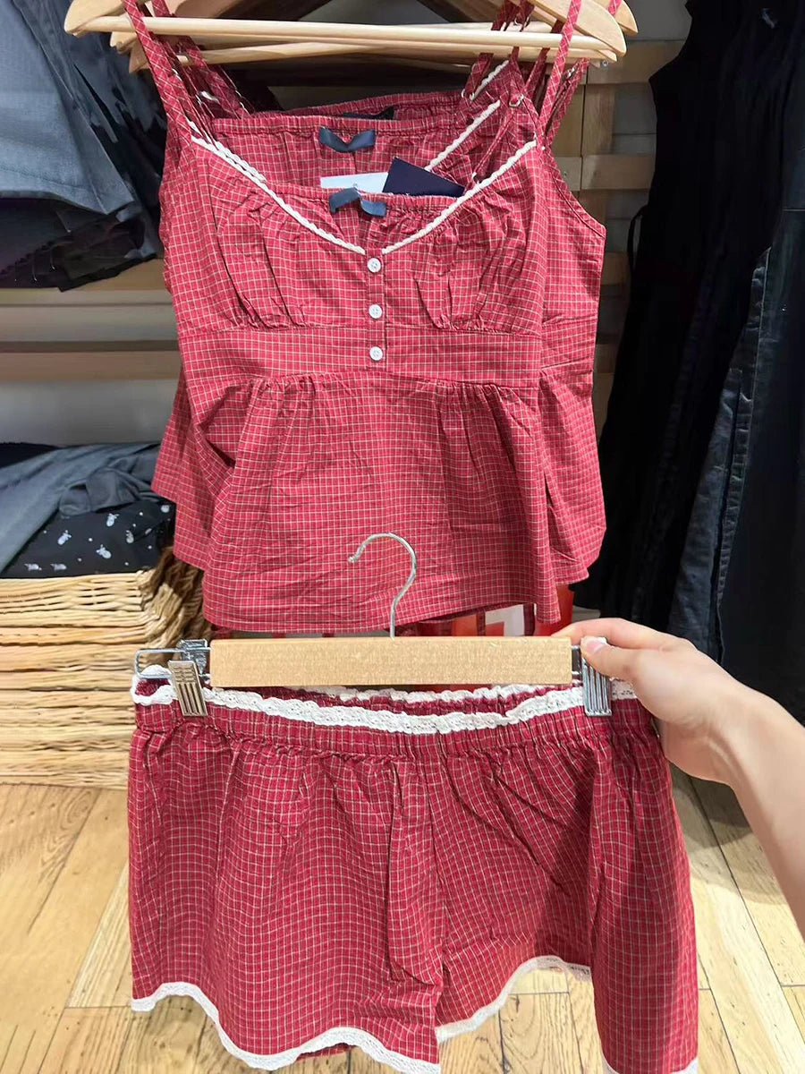 Red Plaid Ruffle Tank Shorts Sets Women V-neck Fold Slim Camisole+Loose Sweatshorts Cute Sweet Vintage Home 2 Piece Outfits New