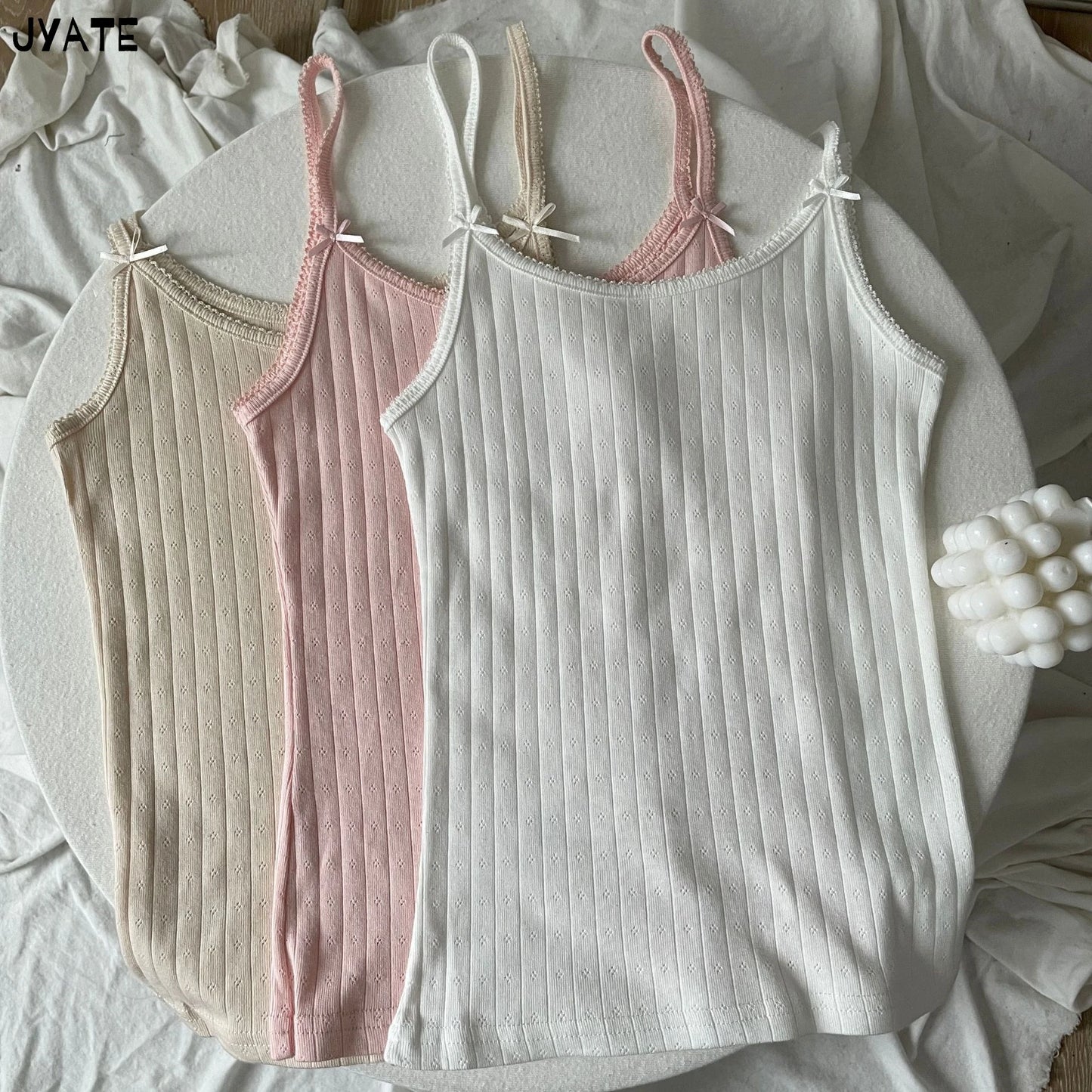 Sweet Lace Trim Eyelet Bow Tank Tops Women Cotton Soft Casual Solid Slim Basic Sleeveless Vests Cute Preppy Style Camisole Y2K