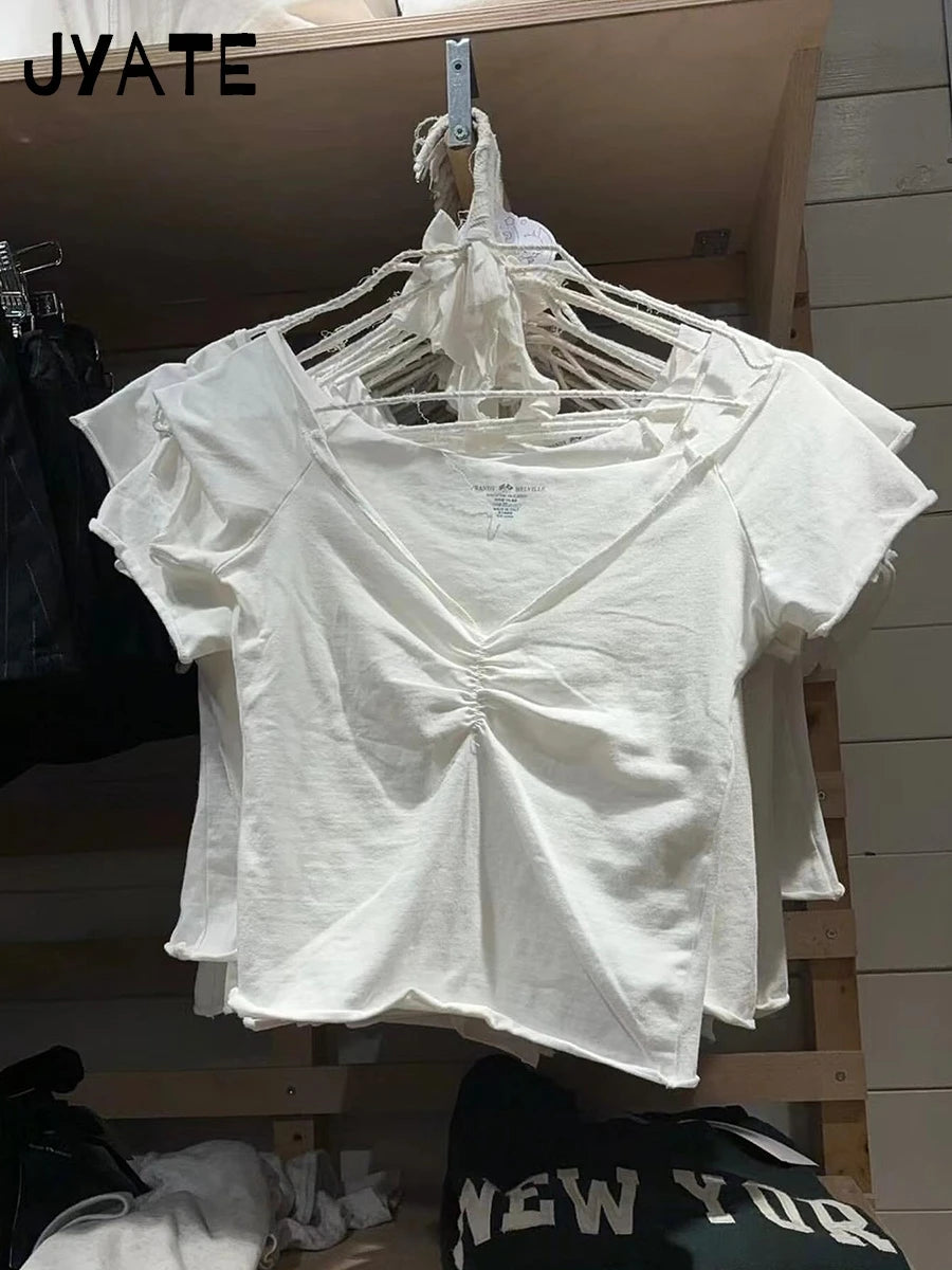 Simple Basic White Shirred V-neck T-shirts Women New Cotton Raw Hem Casual Sexy Short Sleeve Tee Sweet Vintage Chic Crop Top Y2K