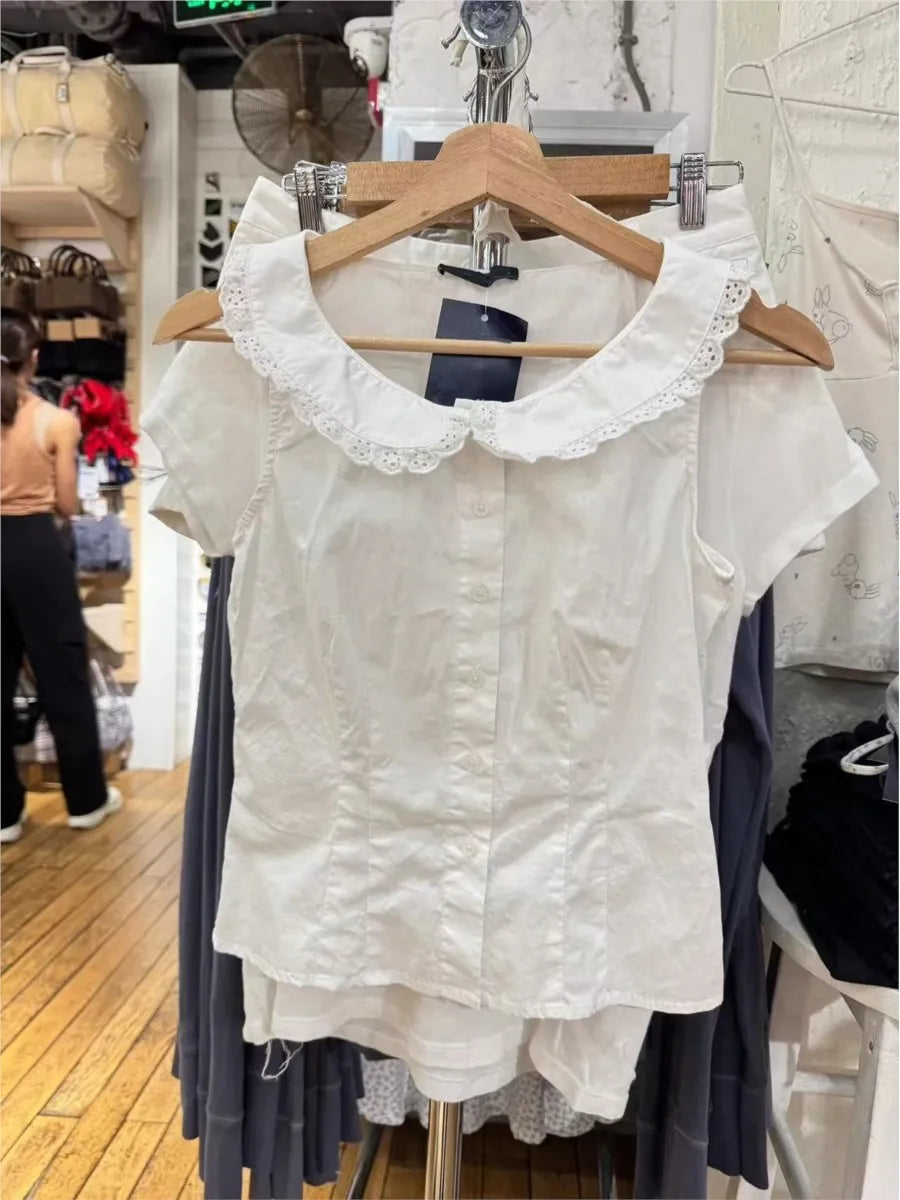 White Lace Trim Button Tank Tops Women Summer New Streetwear Slim Cotton Crop Top Female Sweet Casual Preppy Style T-shirts Y2K