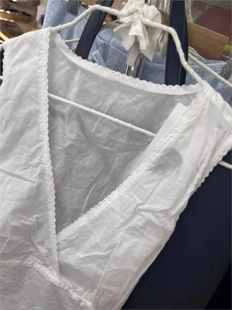 Lace Trim Deep V-neck Tank Tops Women Summer White Cotton Back Lace-up Slim Sleeveless Tees Sexy Sweet Preppy Style Vest Y2K