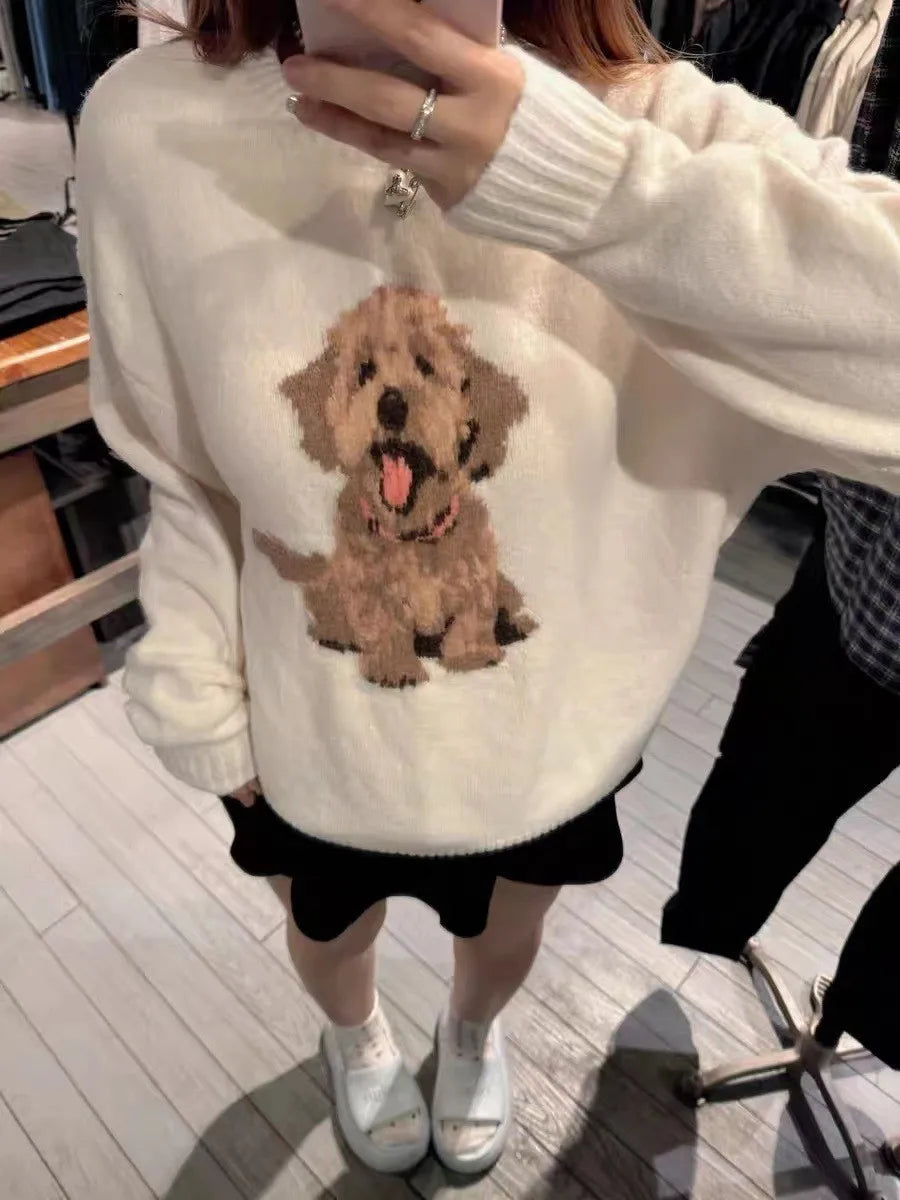 Cute Dog Graphic Knitted Sweater Women Autumn O-Neck White Long Sleeve Pullover Tops Female Preppy Style Loose Casual Jumper New