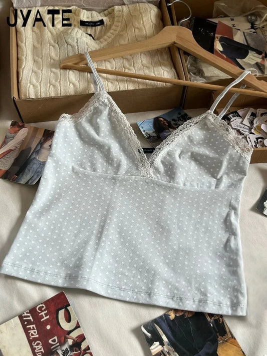 Heart Print Blue Lace Trim Camisole Women New Sexy Casual Slim Vintage V-neck Sleeveless Vests Sweet Cute Preppy Tank Tops Y2K