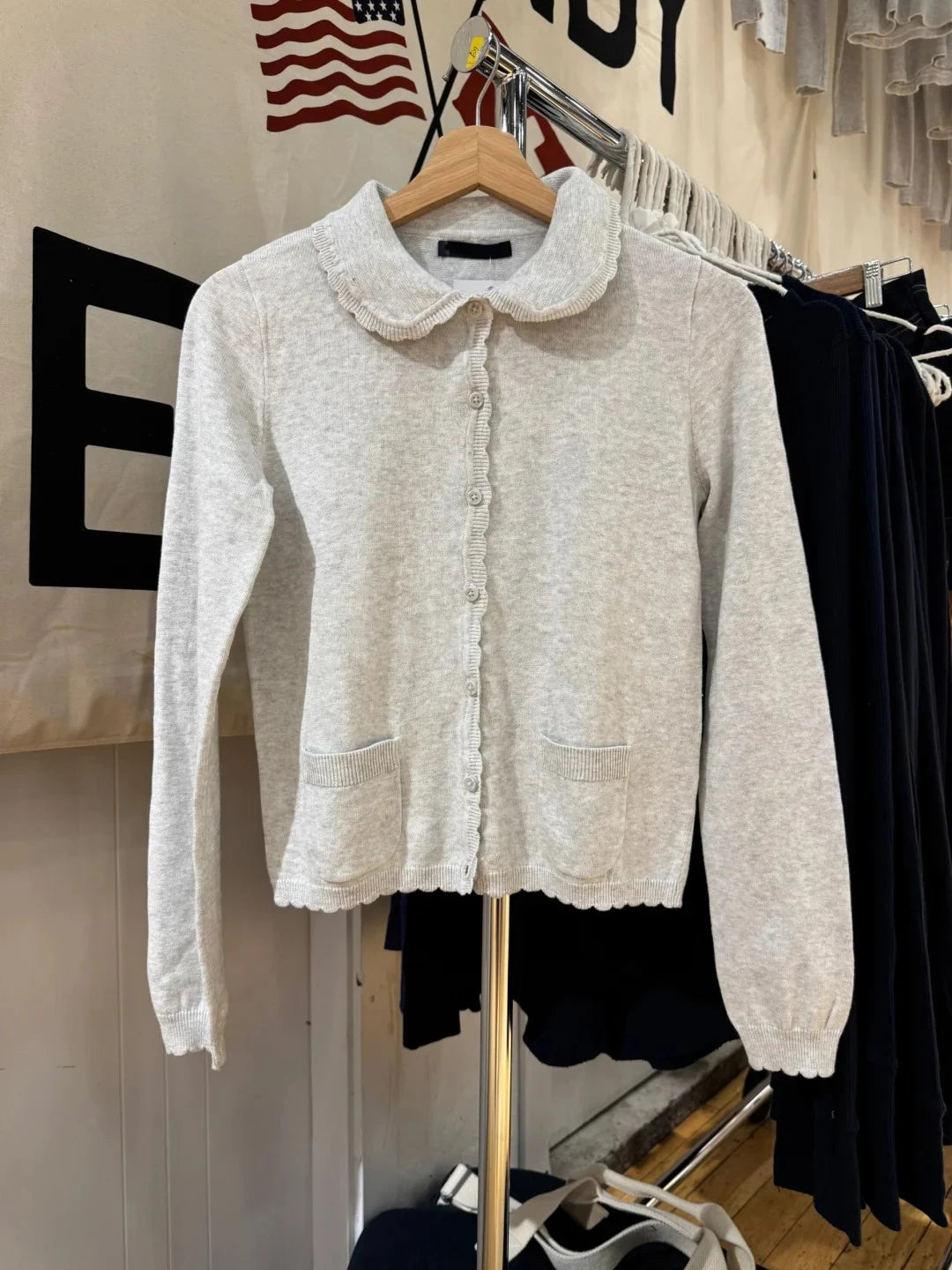 Simple Gray Pocket Babydoll Top Cardigan Women Autumn New Peter Pan Collar Cotton Knitted JumperPreppy Style  Sweet Cute Sweater