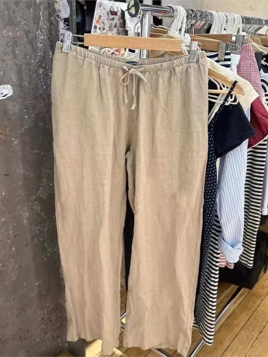 Yellow Drawstring Straight Sweatpants Women Linen and Cotton Casual High Waist Sport Long Pants Sweet Cute Preppy Style Trousers