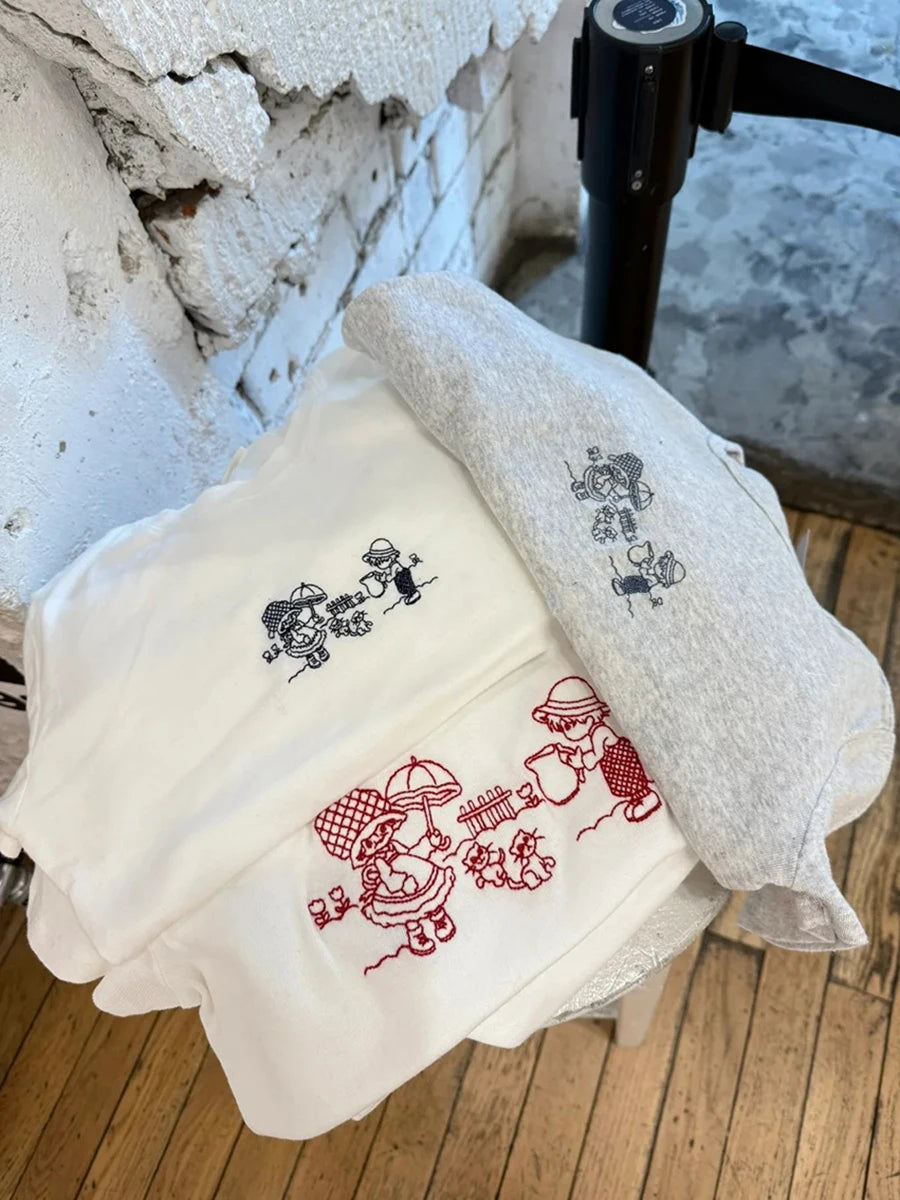 Girls and Cats Embroidery Slim T-shirt Women New Cotton Round Neck Short Sleeve Tees Sweet Preppy Style Cute Top Y2k T shirts