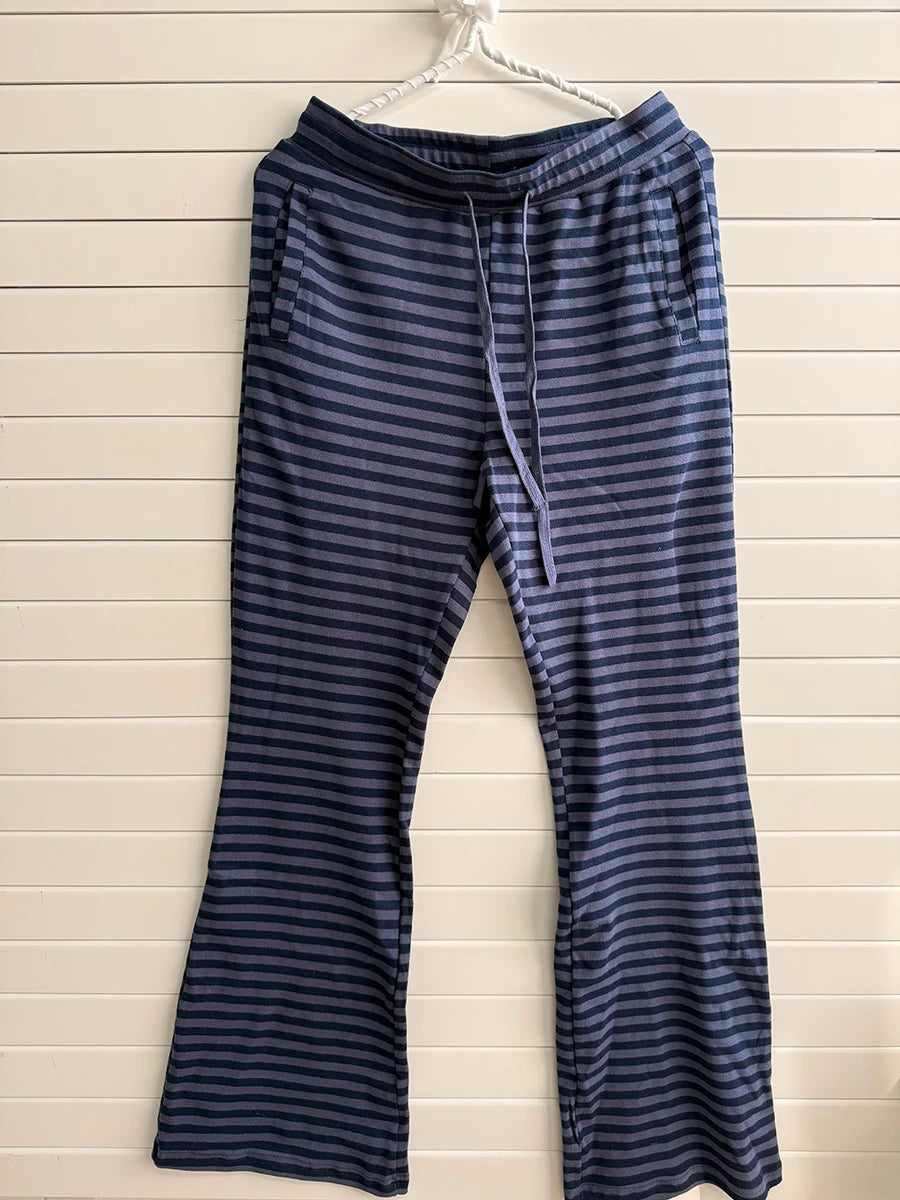 Vintage Buttons 2 Piece Sets Women Navy Striped Cotton Long Sleeve Tee Straight Trousers Home Sweet T-shirt Pant Pajama Set Y2K