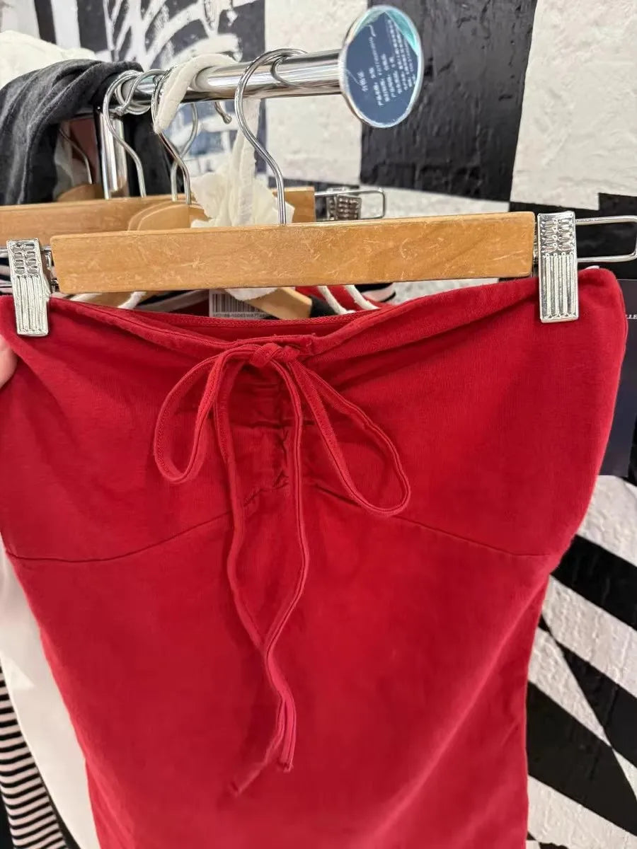 Vintage Red Drawstring Folds Strapless Tank Top Women New Basic Cotton Slim All-match Camis Sweet Preppy Style Vest Y2K Tops