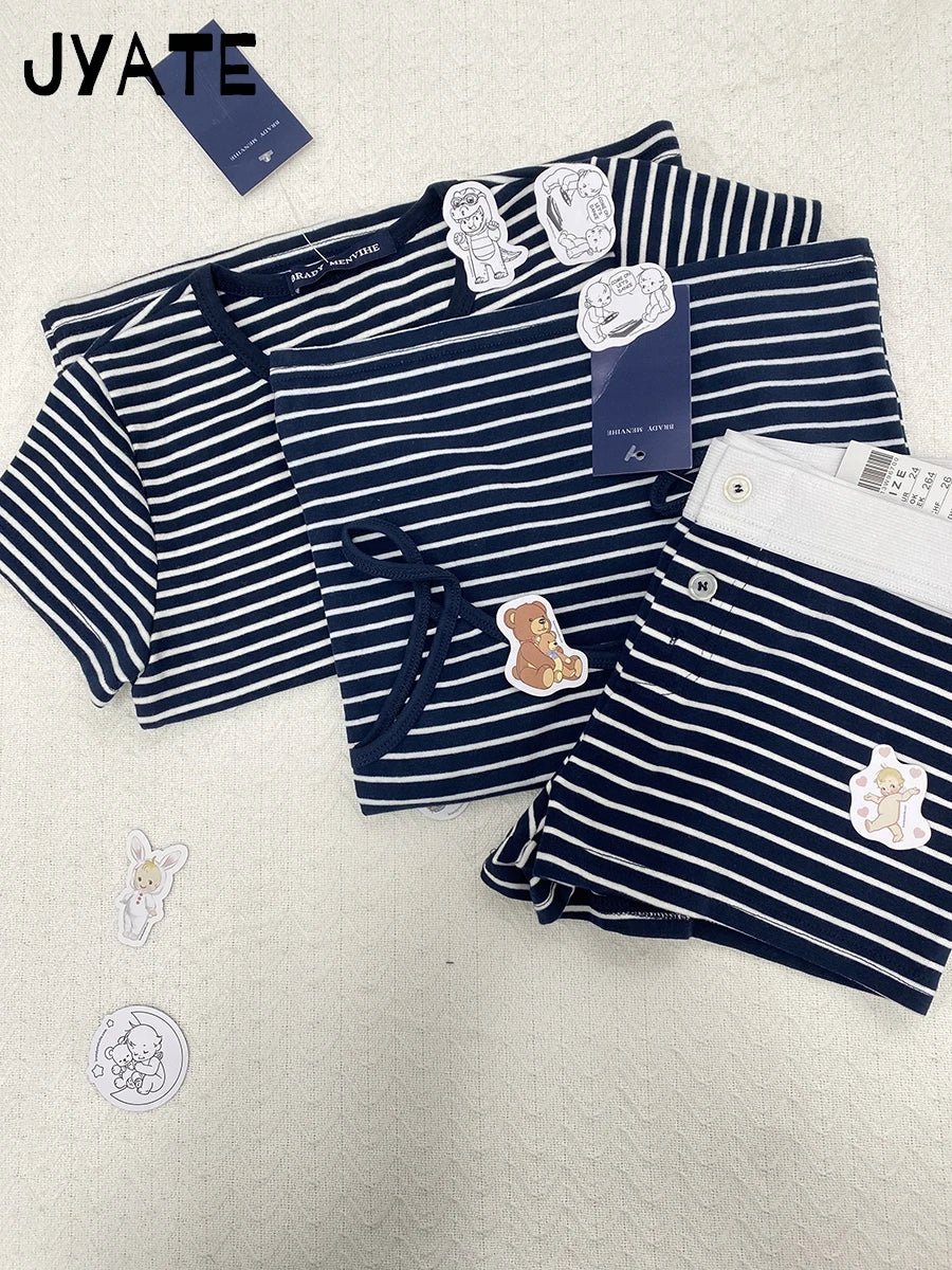 Navy Striped T-shirts Shorts 2 Pieces Set Women New Slim Cotton Soft O-neck Tee+Button Straight Short Pant Sweet Pajama Sets Y2K