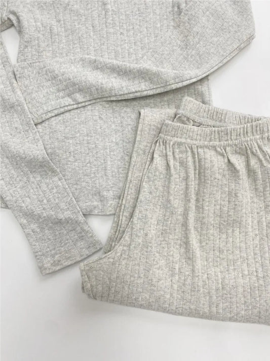 Gray Cotton Eyelet 2 Piece Sets Women New Buttons Long Sleeve Tee+Elastic Waist Straight Trousers Home T-shirt Pant Pajama Set