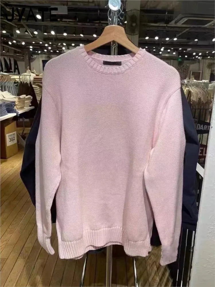 Sweet Solid O-neck Buttons Sweaters Women Autumn Cotton Knitted Simple Basic Pullover Top Female Vintage Casual Chic Jumper Y2K