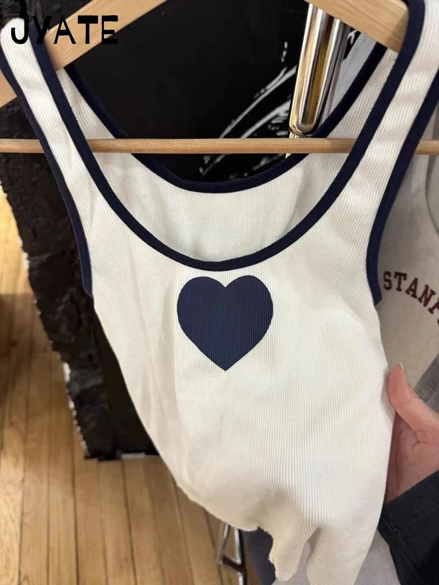 Heart White U Collar Cotton Tank Tops Women Summer New Ribbed Slim Sexy Raw Hem Sleeveless Vests Vintage Chic Harajuku Crop Top