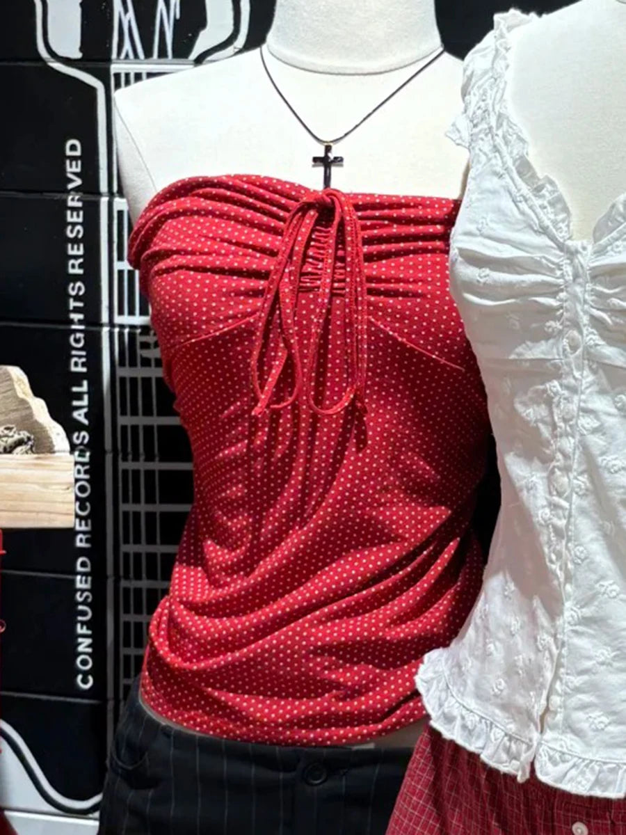 Red Dot Print Drawstring Folds Strapless Tank Top Women Cotton Slim All-match Camisole Sweet Harajuku Preppy Style Vest Y2K Tops