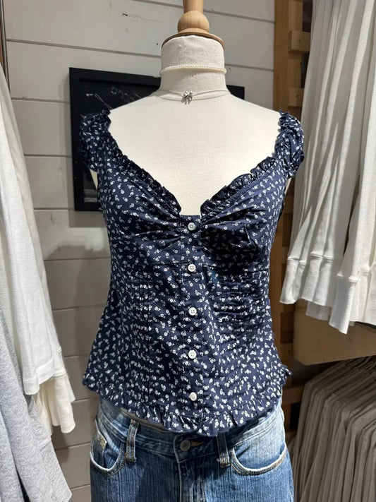 Navy Floral Folds Ruffle Sleeveless Tank Tops Women Summer New Single Breasted Blouse Top Vest Vintage Sweet Preppy Style Camis